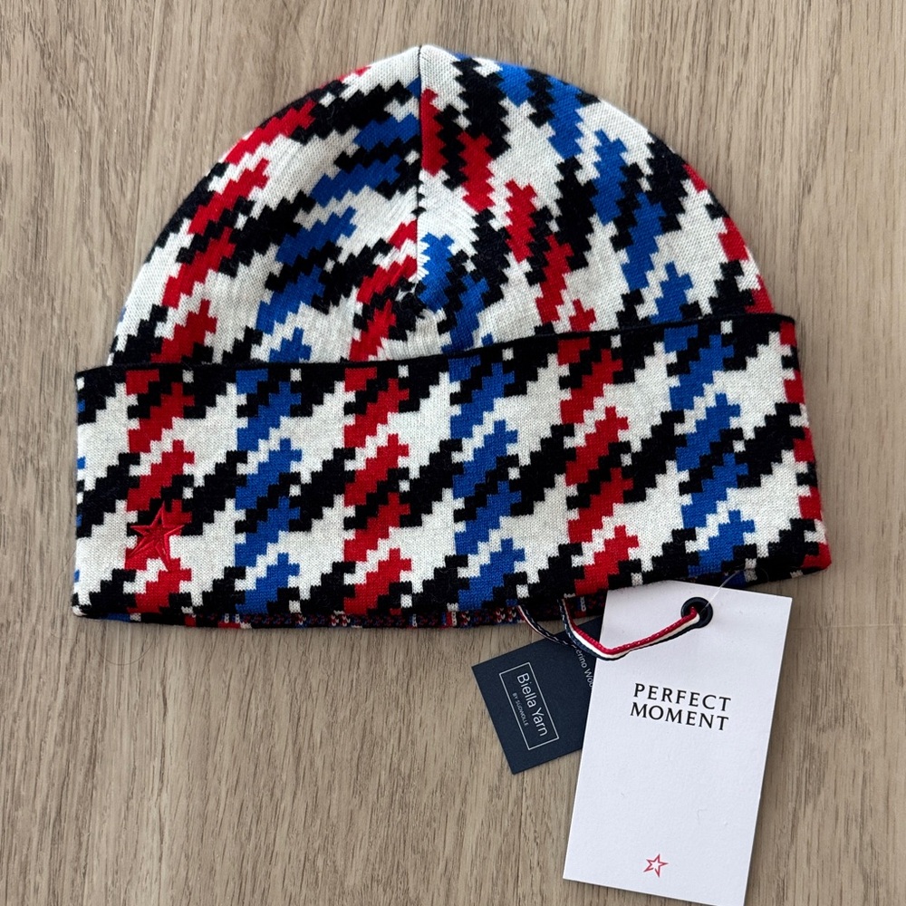Perfect Moment Red, Blue, and Black Houndstooth Merino Wool Beanie